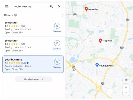 Resultados locales de Google Maps para una búsqueda, con dos competidores por delante del negocio