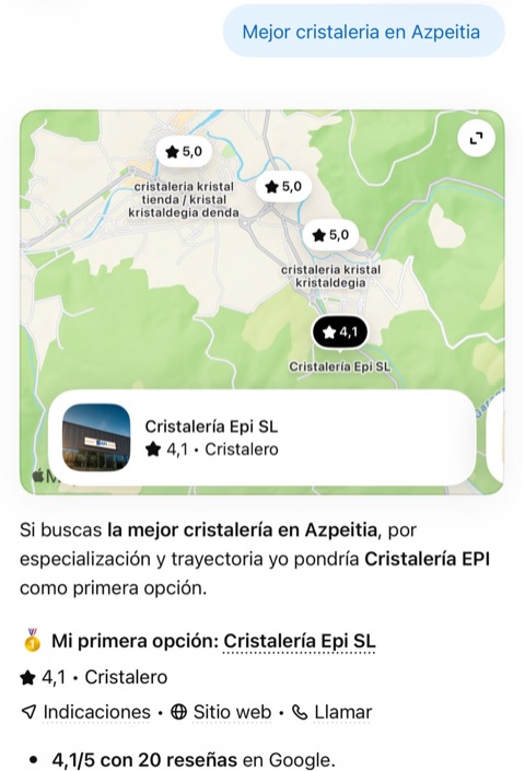 ChatGPT elige a Cristalería EPI como primera opción de cristalería en Azpeitia