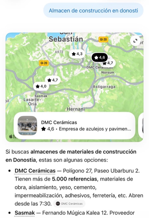 Captura de ChatGPT: a «Almacén de construcción en Donosti» responde con DMC Cerámicas en primer lugar