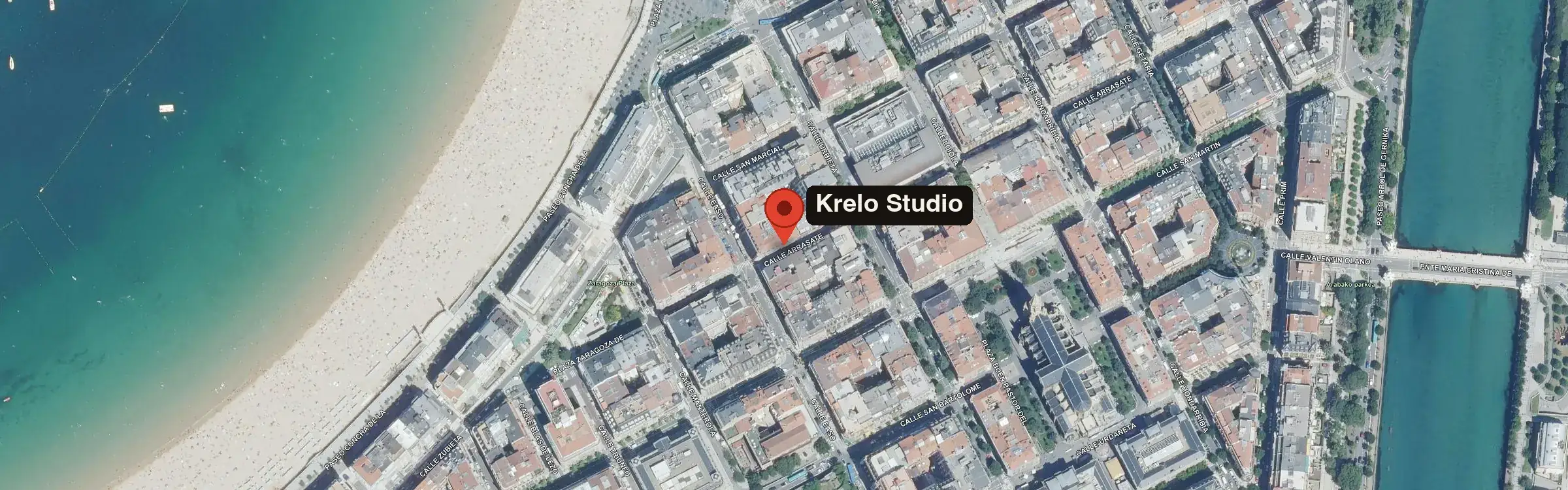 Mapa del centro de Donostia con Krelo Studio marcado en Arrasate Kalea 44, junto a La Concha