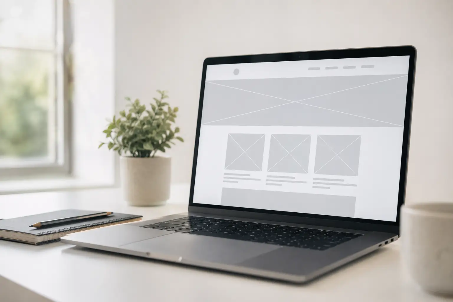 Portátil sobre una mesa blanca mostrando el esquema de una página web sin contenido: bloques grises en el lugar de las imágenes y líneas grises en el del texto.