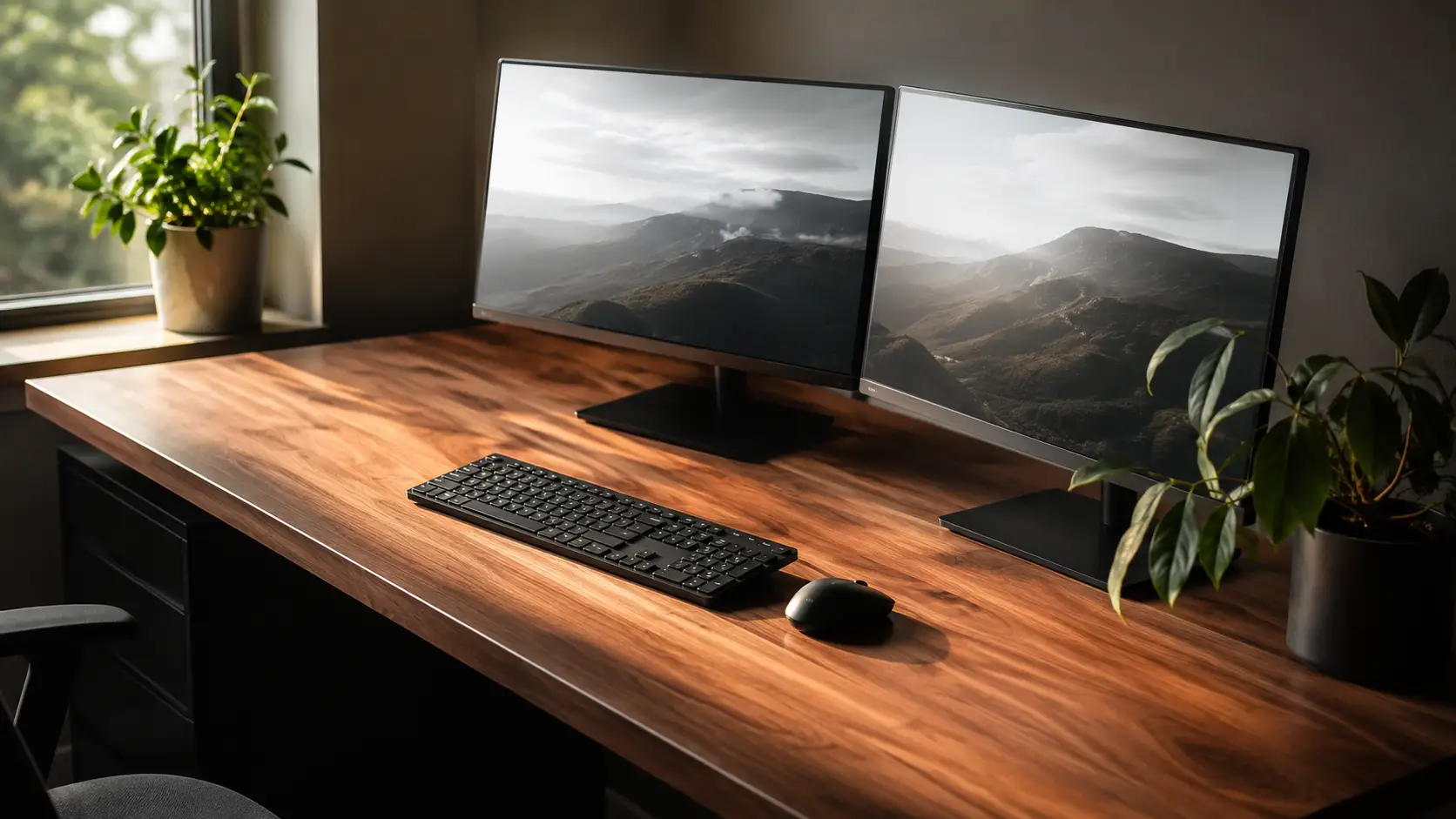 Dos monitores en un escritorio de madera de nogal mostrando la misma fotografía de montañas repartida entre las dos pantallas, con teclado y ratón delante.