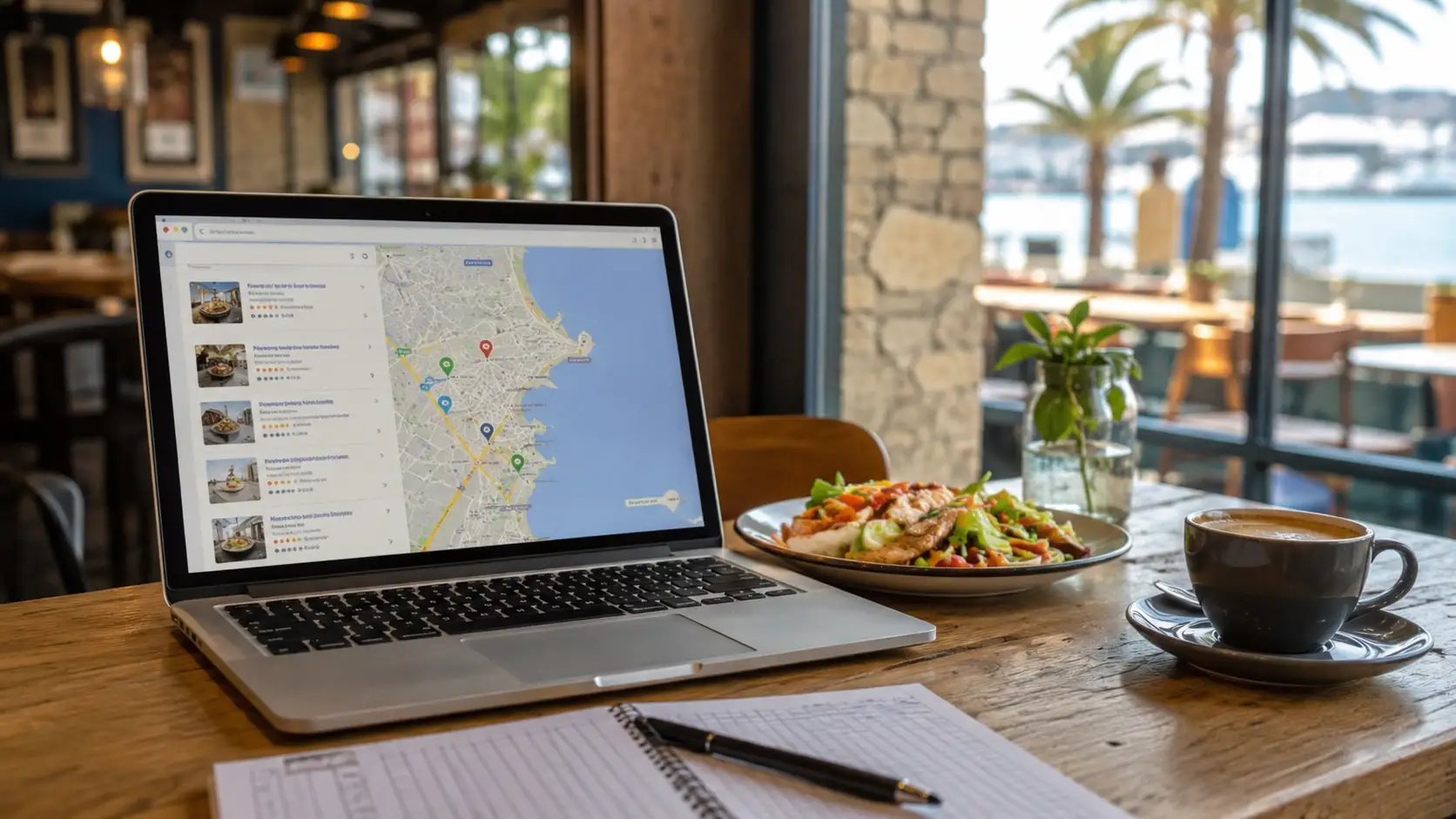 Portátil sobre la mesa de un restaurante junto al mar mostrando resultados de Google Maps: un listado de locales con sus valoraciones a la izquierda y el mapa con las chinchetas a la derecha.