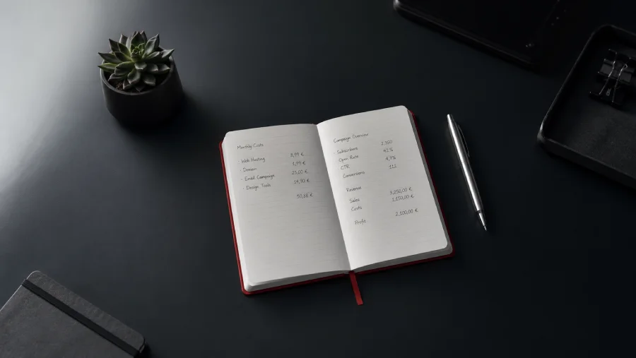 Libreta abierta sobre una mesa negra con dos columnas escritas a mano: los costes mensuales a la izquierda y el resumen de campaña con ingresos, ventas y beneficio a la derecha.