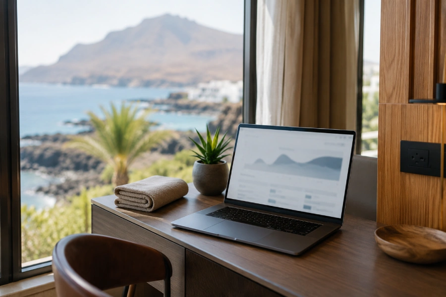 Portátil sobre un escritorio en la habitación de un hotel, con un panel de reservas en pantalla y ventanal con vistas al mar, palmeras y una montaña.