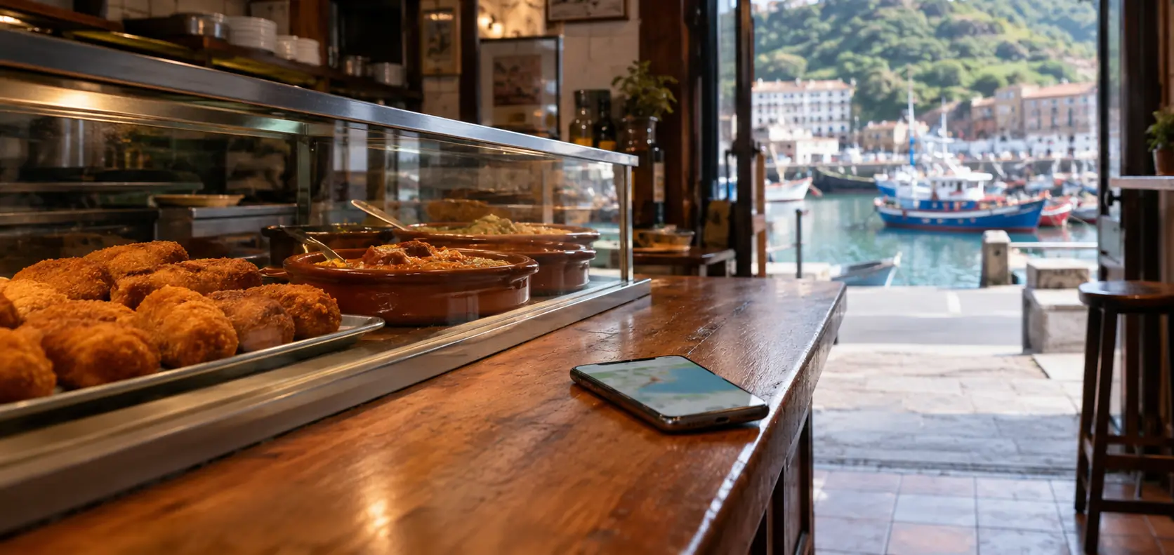 Interior de una cocina para llevar junto al puerto de Pasaia, con croquetas y cazuelas en la barra y un móvil con el mapa