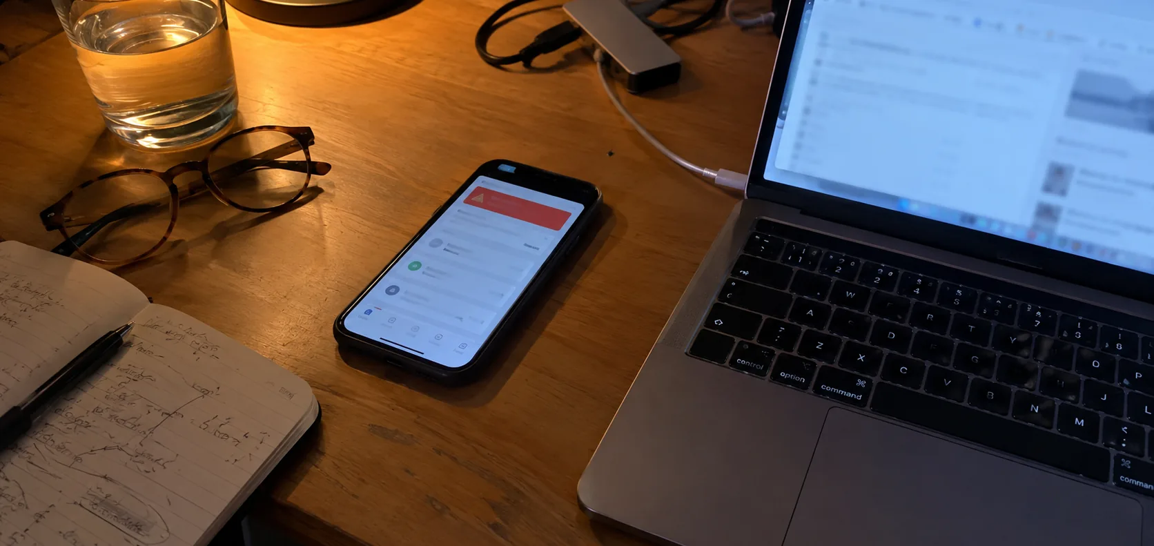 Móvil sobre una mesa de madera por la noche con una app que muestra un aviso rojo, junto a un portátil abierto, unas gafas, un vaso de agua y una libreta con notas, a la luz de un flexo