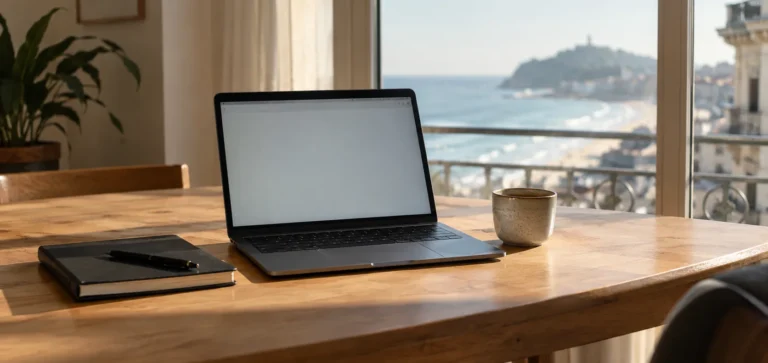 Portátil abierto sobre una mesa de madera junto a un ventanal con vistas al mar de Donostia, con una libreta, un bolígrafo y una taza