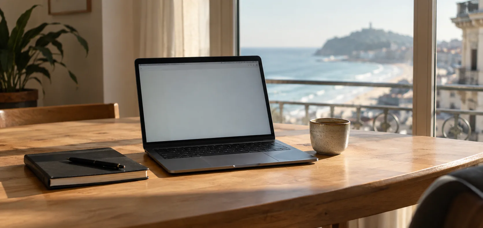 Portátil abierto sobre una mesa de madera junto a un ventanal con vistas al mar de Donostia, con una libreta, un bolígrafo y una taza